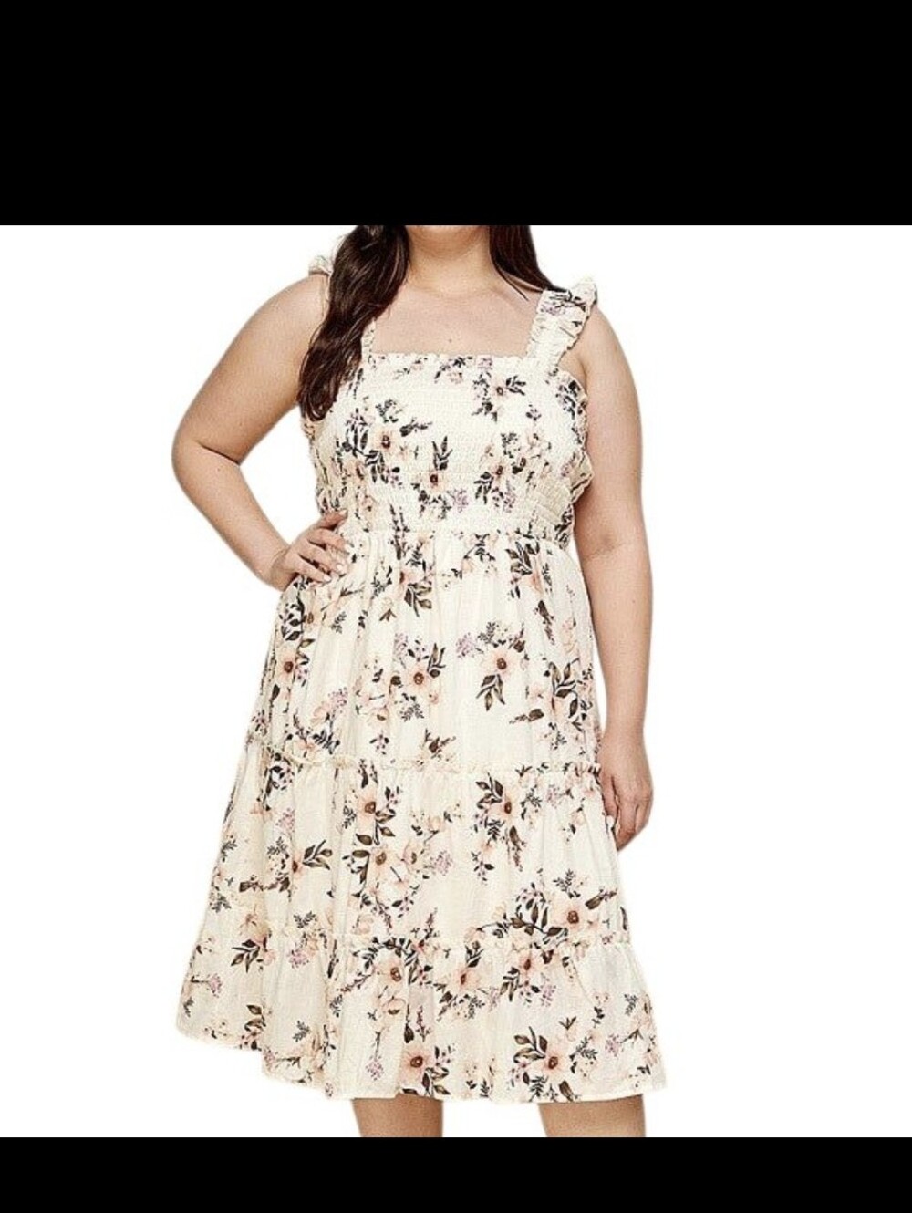 Smocked  Cream Floral Midi Dress with Ruffle Straps